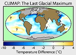 A map of sea surface temperature changes and glacial extent during the last glacial maximum, according to Climate: Long range Investigation, Mapping, and Prediction, a mapping project conducted by the National Science Foundation in the 1970s and 1980s