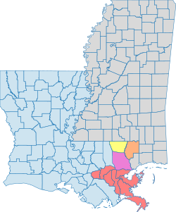 Location of the New Orleans–Metairie–Slidell CSA and its components: New Orleans–Metairie MSA Slidell–Mandeville–Covington MSA Picayune μSA Louisiana Mississippi