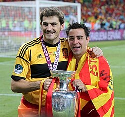 Xavi and Spain captain Iker Casillas after winning the UEFA Euro 2012