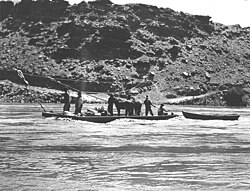 Historic photograph of the cable ferry at Lee's Ferry, prior to construction of the Navajo Bridge.