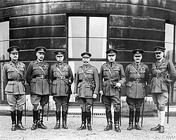 King George V (centre) with his senior commanders at Buckingham Palace, 19 December 1918. From left to right: William Birdwood, Henry Rawlinson, Herbert Plumer, George V, Douglas Haig, Henry Horne, Julian Byng.