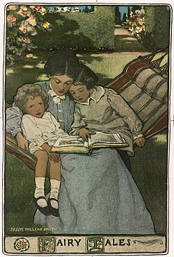A mother reads to her children in a mid- to late 19th century lithograph by Jessie Willcox Smith.