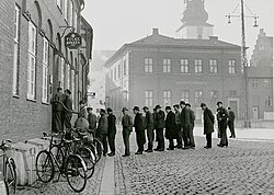 Soup kitchen queue in Aarhus, Occupied Denmark, 1943