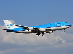 A Boeing 747-400 Combi in KLM Asia livery. Pictured is PH-BFC, the aircraft involved in the KLM Flight 867 incident. This aircraft served the subsidiary from 1995 to 2012 before being transferred to KLM and repainted in the mainline KLM livery, where it remained in service until its retirement on 14 March 2018.