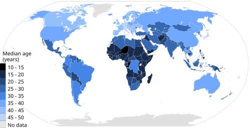 Median age by country. War reduces life expectancy. A youth bulge is evident for Africa, and to a lesser extent in some countries in West Asia, South Asia, Southeast Asia and Central America.