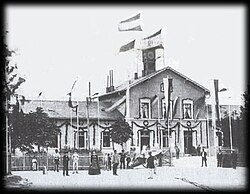 Worms station decorated for the reception of William I of Prussia, 1868.