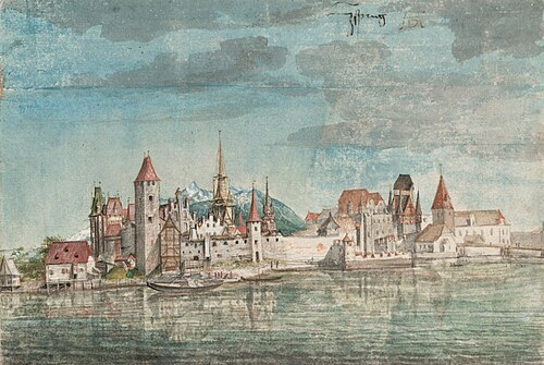 Innsbruck, most important political centre under Maximilian,[124] seat of the Hofkammer (Court Treasury) and the Court Chancery, which functioned as "the most influential body in Maximilian's government".[125] Painting of Albrecht Dürer (1496)