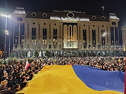 Georgians demonstrating in solidarity with Ukraine shortly after the 2022 Russian invasion.