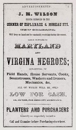 Advertisement from J. M. Wilson for sale of Maryland and Virginia slaves. Maryland and Virginia sold thousands of enslaved people to the Deep South.