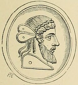 Likeness of Plato after an engraved gem. The Psyche-wings fastened to his temples allude to his doctrine of the immortality of the soul.[129]