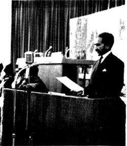 Haile Selassie of Ethiopia opening the Conference of the Heads of the Oriental Orthodox Churches at the Africa Hall, Addis Ababa