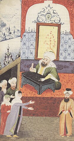 An unhappy wife complaining to the Qadi about her husband's impotence, as depicted in an Ottoman miniature. Divorce is allowed in Islamic law and can be initiated by either the husband or the wife.[193]