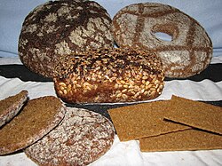 Ruisleipä, a dark sourdough rye bread, holds the status of the national food in Finland.[347]