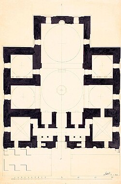 Floor plan of the Green Mosque in Bursa (1412–1424), showing the "T-plan" type: three domed iwans around a central domed space. The larger iwan is aligned with the qibla (top).