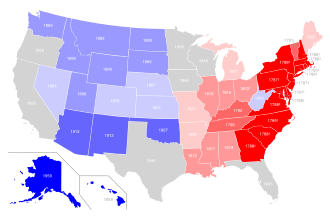 U.S. states by date of statehood: 1776–1790 1791–1796 1803–1819 1820–1837 1845–1859 1861–1876 1889–1896 1907–1912 1959