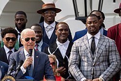 Jones (right) with President Joe Biden after winning his second Super Bowl.