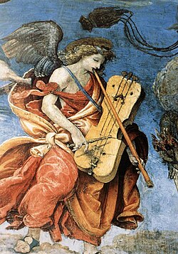An angel playing a dulcimer and pipe in the c. 1490 fresco Assumption of Mary by Filippino Lippi at Santa Maria sopra Minerva[3]
