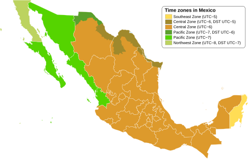 Time in Mexico Mexican time zone StandardDST U.S. equivalent Zona Sureste UTC−05:00 Eastern Standard Time Zona Centro UTC−06:00UTC−05:00 Central Time UTC−06:00 Central Standard Time Zona Pacífico UTC−07:00UTC−06:00 Mountain Time UTC−07:00 Mountain Standard Time Zona Noroeste UTC−08:00UTC−07:00 Pacific Time