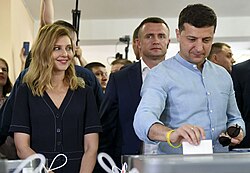 Zelenskyy with his wife Olena Zelenska voting in the 2019 parliamentary election