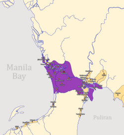 Map of Namayan (colored pink) in 1470 under the rule of Lakan Tagkan. Pasay is shown as a part of Namayan, which was gifted to Tagkan's illegitimate son Pasay.[10][11]