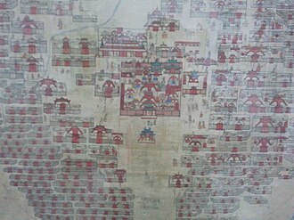 Detail of 19th-century painting of Urga (Ulaanbaatar): in the centre the movable square temple of Bat Tsagaan, built in 1654, besides numerous other temples