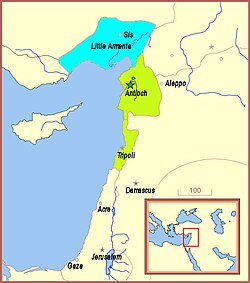 Bohemond VI ruled over Antioch and Tripoli (green), and was an ally of Cilician Armenia (blue).