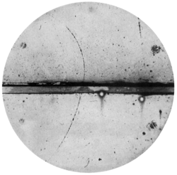 This cloud chamber photograph is the first observational evidence of positrons, 2 August 1932; interpretable only through prior theory.[111]