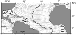 Map of cold seeps in the Atlantic Equatorial Belt.BR – Blake Ridge diapirBT – Barbados trenchOR – Orenoque sectorsEP – El Pilar sectorNIG – Nigerian slopeGUI – Guiness areaREG – Regab pockmark.