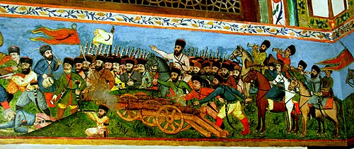 A miniature painting of a battle scene on the walls of the Palace of Shaki Khans, 18th century, city of Shaki