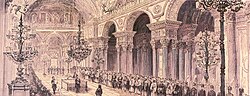 Opening ceremony of the First Ottoman Parliament at the Dolmabahçe Palace in 1876. The First Constitutional Era lasted only two years until 1878. The Ottoman Constitution and Parliament were restored 30 years later with the Young Turk Revolution in 1908.