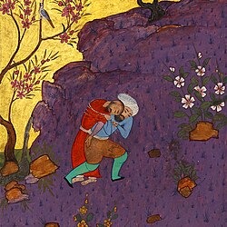 Islamic miniature of Cain carrying his murdered brother, Abel, to hide his corpse from God from an illuminated manuscript version of Stories of the Prophets.