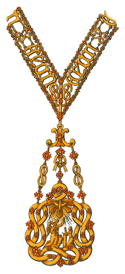 The Collar Badge of the Supreme Order of the Most Holy Annunciation, the oldest grand collar, was worn by Prince Vittorio Emanuele of Savoy.
