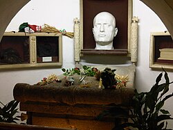 Tomb of Mussolini in the family crypt, in the cemetery of Predappio, sarcophagus with death mask
