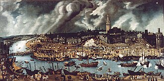 Late 16th-century Seville, the harbour enjoying the exclusive right to trade with the New World