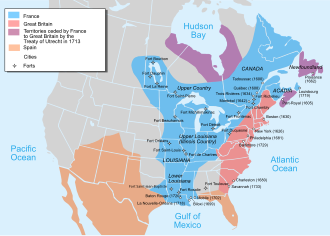 The colonial possessions of Britain (the Thirteen Colonies in pink and others in purple), France (in blue), and Spain (in orange) in North America, 1750