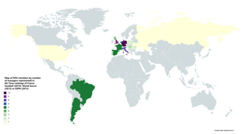 Map of FIFA members by number of managers ranked by France Football (2019), World Soccer (2013) or ESPN (2013)