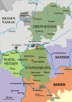 Territory of the Grand Duchy of Hesse from 1866, with its three provinces: Upper Hesse, Starkenburg, and Rhenish Hesse