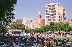 The New Haven Green Historic District in Connecticut, which was designated a National Historic Landmark District in 1970[108]