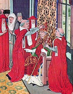 Guy of Boulogne crowning Pope Gregory XI in a 15th-century miniature from Froissart's Chronicles