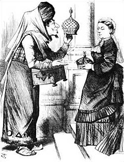 An 1876 political cartoon of Benjamin Disraeli making Queen Victoria Empress of India. The caption reads "New crowns for old ones!"
