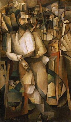 Albert Gleizes, L'Homme au Balcon, Man on a Balcony (Portrait of Dr. Théo Morinaud), 1912, oil on canvas, 195.6 × 114.9 cm (77 × 45 1/4 in.), Philadelphia Museum of Art. Completed the same year that Albert Gleizes co-authored the book Du "Cubisme" with Jean Metzinger. Exhibited at Salon d'Automne, Paris, 1912, Armory Show, New York, Chicago, Boston, 1913.