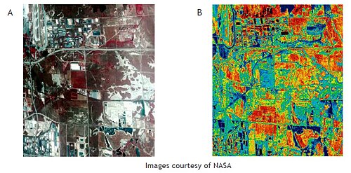 Images of Salt Lake City show positive correlation between white reflective roofs and cooler temperatures. Image A depicts an aerial view of Salt Lake City, Utah, site of 865000 sqft white reflective roof. Image B is a thermal infrared image of same area, showing hot (red and yellow) and cool (green and blue) spots. The reflective vinyl roof, not absorbing solar radiation, is shown in blue surrounded by other hot spots.