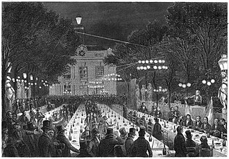 The beginning of the campagne des banquets in France on 9 July 1847. Public festivities such as banquets were a common form of political participation in the pre-revolutionary period.