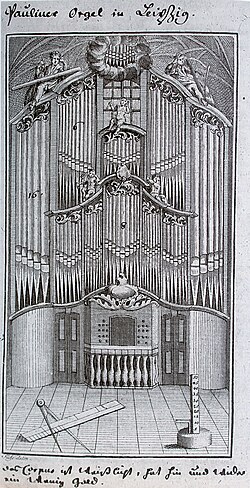 Draftsman's intricate drawing of organ played by Bach