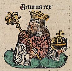 "Arturus rex" (King Arthur), a 1493 illustration from an early printed book, the Nuremberg Chronicle