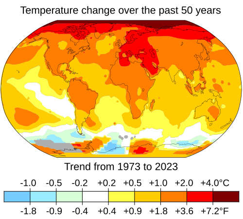 Over the last 50 years the Arctic has warmed the most, and temperatures on land have generally increased more than sea surface temperatures.[15]