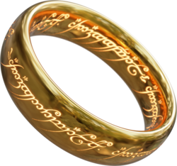 After the lengthy filming of Lord of the Rings, Jackson gave Wood one of the One Ring props (artist's impression shown) used on the set.[24]