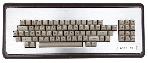 4800-52 mainframe / dumb terminal keyboard, c. mid-1980s. There is an obscure configuration of modifier and arrow keys, line feed key, break key, blank keys, and repeat key.