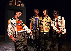 Vanessa Claire Smith, Sterling Wolfe, Michael Holmes, and Ricky Coates in Brad Mays' multi-media stage production of A Clockwork Orange, 2003, Los Angeles (photo: Peter Zuehlke)