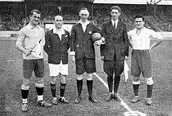 Uruguay-Argentina captains, referee Johannes Mutters and linesmen before the final match at the 1928 Summer Olympics